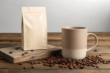 Stylish Minimalist Coffee Bag Mockup With Coffee Beans and Cup on Wooden Surface