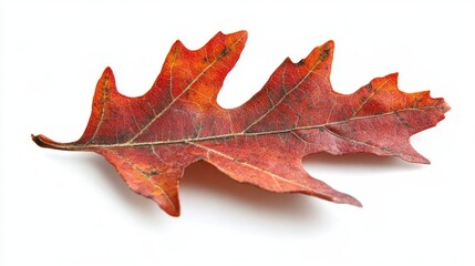 Naklejka premium 59.Detailed view of an autumn oak leaf with warm red and orange tones, highlighting its intricate veins and the natural wear caused by the changing season in Vermont.