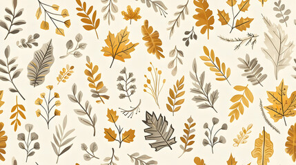 A pattern of various leaves and foliage in warm autumn colors.