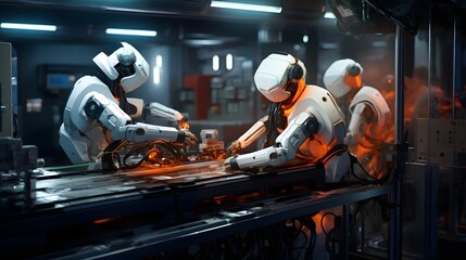 Robotic technicians performing critical maintenance and repair on a futuristic space station showcasing the advanced capabilities of automation and intelligence in aerospace engineering and space