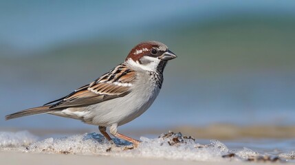 Single sparrow, searching for food on the beach