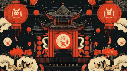 Obraz premium A traditional Chinese New Year poster with a vintage aesthetic, featuring illustrations of lucky symbols like Fu characters, firecrackers, and lanterns