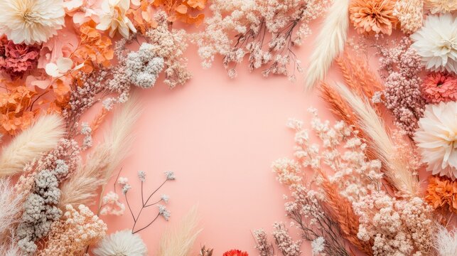3.Top-down view of a harmonious blend of dried floral elements, including grasses and blossoms, arranged on a soft pink background with negative space for a modern, minimal style.