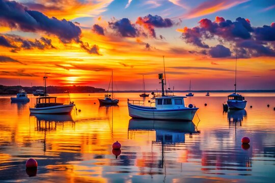 Cape Cod Silhouette: Boats Moored at Sunset, Buzzards Bay