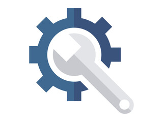 A wrench overlaid on a gear in blues and grays. Represents tools, machinery, and repair. Ideal for technology, engineering, construction, maintenance, and manufacturing. Simple, modern, clean style