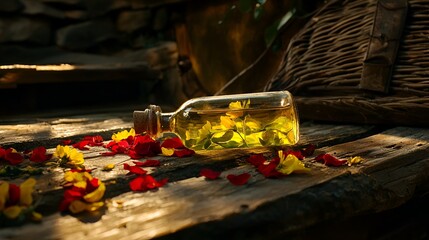Obraz premium Herbal oil bottle, wildflowers, rustic background, garden setting, wellness product