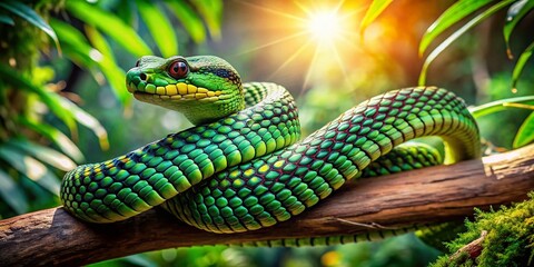 Obraz premium Captivating Boomslang Snake Coiled on Branch Amidst Vibrant Rainforest Foliage