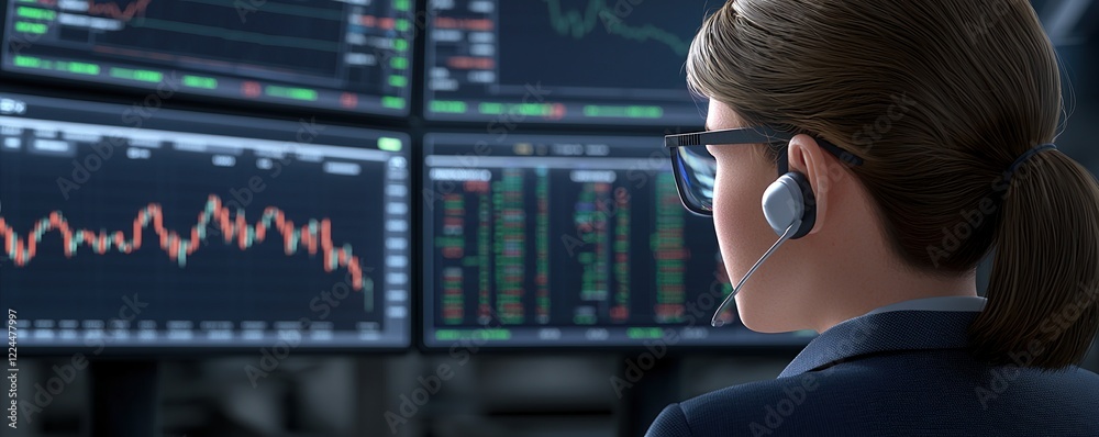Leinwandbilder A professional trader analyzes financial data on multiple screens, showcasing market trends and stock performance.