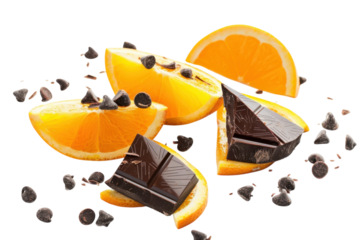 Delightful chocolate and orange pairing with vibrant fruit slices and rich dark chocolate pieces on a white surface isolated on transparent background