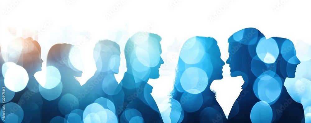 Fototapete Silhouettes of diverse individuals against a blue backdrop, creating a sense of unity and connection through abstract light patterns.