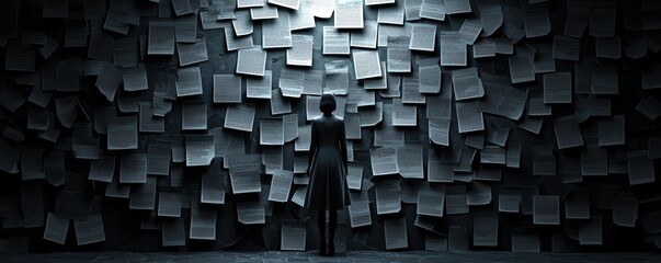 A figure stands before a wall covered in scattered papers, creating a sense of overwhelm and contemplation in a dimly lit environment.