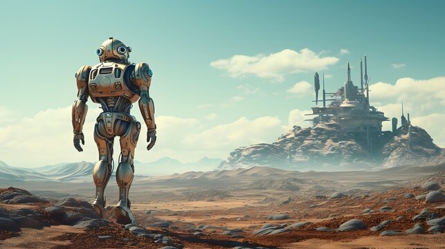 Futuristic robot exploring and surveying a distant desolate alien landscape with a barren extraterrestrial terrain and atmosphere  Concept of advanced technology automation