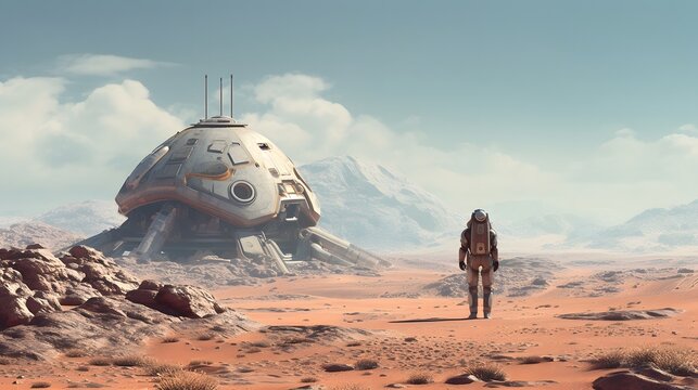 Futuristic robot navigating through a barren desolate alien landscape in a sci fi dystopian inspired environment  The image evokes a sense of the unknown in a technologically advanced future world