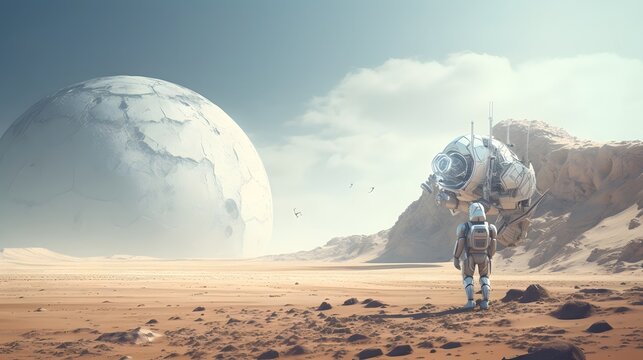 Futuristic robotic explorer traversing a vast barren alien landscape in search of the unknown  A lone mechanical rover navigates the desolate