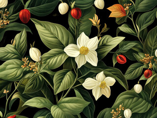 Tropical floral pattern with lush foliage.