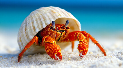 Close-up of a hermit crab in its shell on a sandy beach with blue water