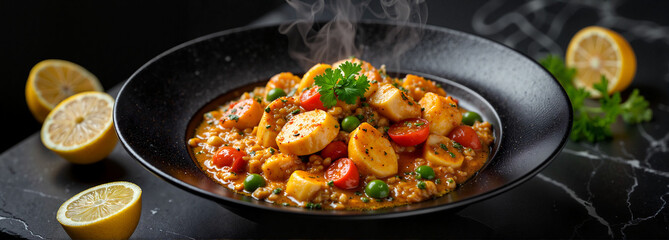 Delicious Moqueca served in elegant gourmet kitchen, culinary artistry