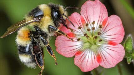 Bumblebee pollinating pink flower, green background; nature, wildlife, macro photography