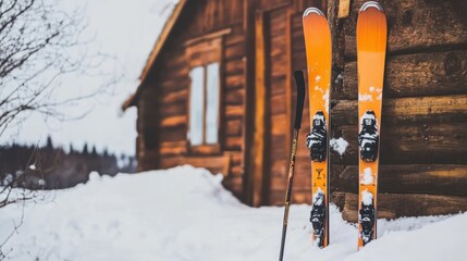 Orange skis leaning against a rustic wooden cabin in snowy landscape.