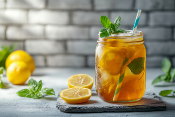 Fototapeta premium Refreshing lemon mint Iced tea in a mason jar