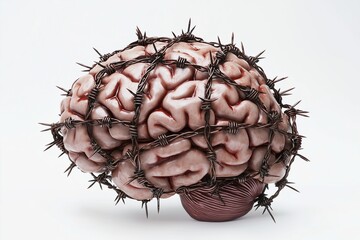 A realistic human brain wrapped in barbed wire, emphasizing emotional and psychological challenges, set against a white background