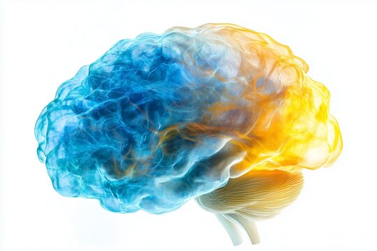 An artistic brain model in translucent blue and yellow tones, symbolizing neural activity and creative thought, set against a white background