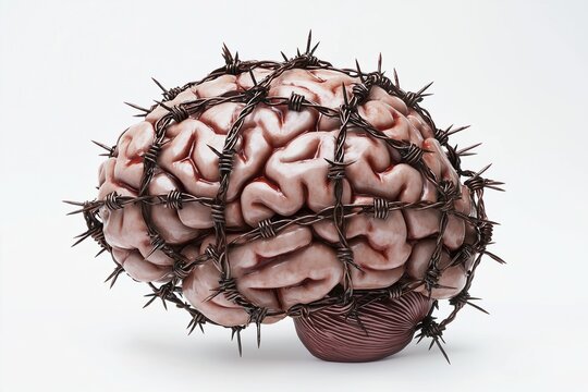 A realistic human brain wrapped in barbed wire, emphasizing emotional and psychological challenges, set against a white background