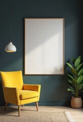 Blank frame mockup in dark interior room with bright yellow furniture