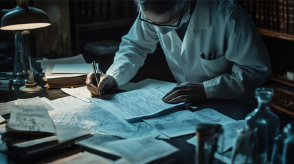 A forensic doctor is writing a case report at a table with many documents. AI generated images.	