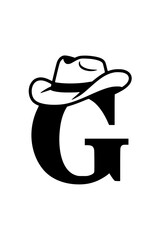 Letter G with Cowboy Hat Western Style , Black and white stylized illustration of the letter "G" wearing a cowboy hat, representing Western culture, country fashion, and rustic design.  
 
