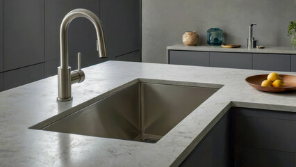 Minimalist kitchen interior with an emphasis on a smooth steel sink and a modern faucet. Gray matte background and quartz countertop.