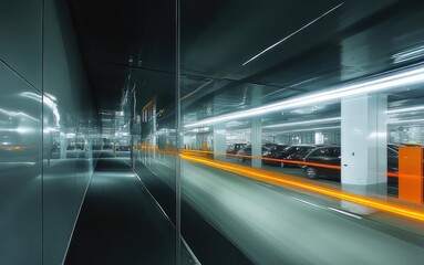 Modern parking garage with illuminated pathways and moving vehicles creating dynamic light trails