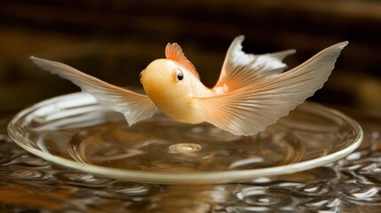 Small orange fish seemingly flying above a glass plate.