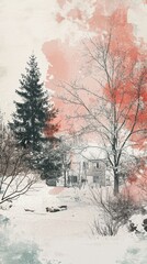 Winter House Scene Trees Snow Peaceful Landscape