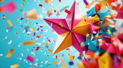 Colorful origami star bursts with confetti.