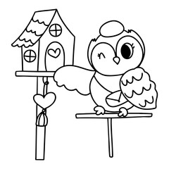 Valentine Postman Owl. Cute owl with birdhouse, perfect for Valentine Day coloring