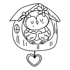 Valentine Postman Owl. Cute owl in birdhouse holding heart, surrounded by flowers