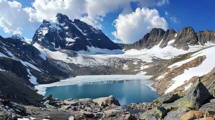 Fototapeta premium The image depicts a snowy mountain range in a natural landscape. The scene includes snow-covered peaks, a glacier, and a glacial lake. Tags: nature, mountain, landscape, snow, glacier, lake, winter.
