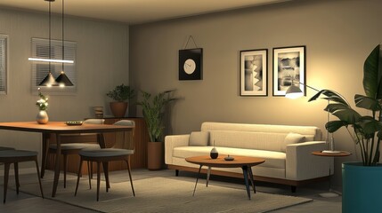 Fototapeta premium Contemporary living room with beige walls, a modern sofa, and minimalist dining area, creating a spacious and cozy interior.
