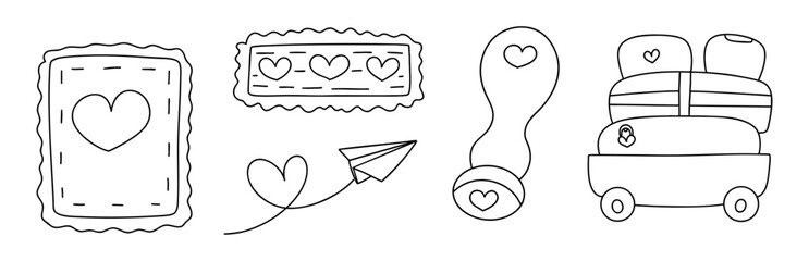 Mailbox outline set. Valentine themed illustrations featuring hearts, envelopes, and gifts evoke love and joy