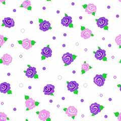 A patterned design featuring purple and pink roses with green leaves on a white background.