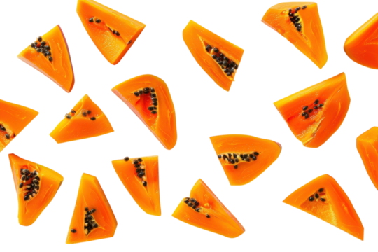 Vibrant orange papaya slices arranged artistically on a clean white background showcasing freshness and healthy snack ideas isolated on transparent background