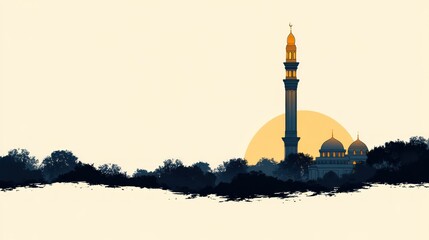 Mosque silhouette, sunset, trees, peaceful scene.