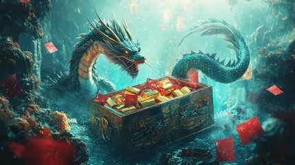 An underwater-themed Chinese New Year scene featuring red lanterns floating gracefully among coral reefs with shimmering golden accents