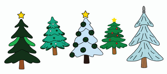 Christmas Trees Sticker Pack with Pine, Fir, and Spruce Trees in cartoon style