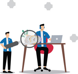 Time management and control, efficient productivity, businessman with a magnifying glass to observe and analyze the three clocks on the desk