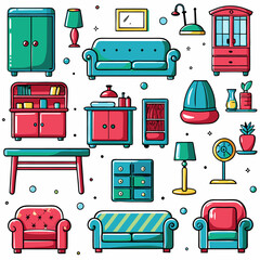 Colorful home furniture icons set.