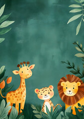 A playful illustration featuring a giraffe, tiger, and lion among lush foliage.