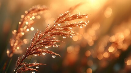 Dew-kissed grass, golden sunrise bokeh.