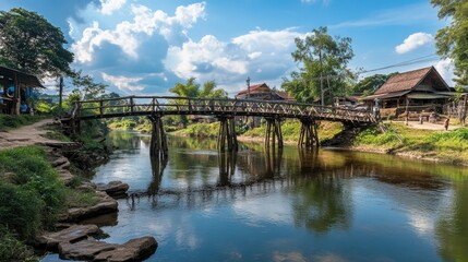 Wooded bridge over the river in Sangkhlaburi District, Kanchanaburi, Thailand. And is a major tourist attraction of Thailand